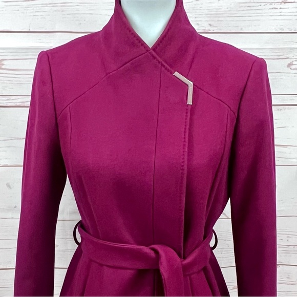 NWOT Ted Baker Magenta Berry Asymmetrical Wrap Drytaa Belted Wool Cashmere Coat - Picture 3 of 15